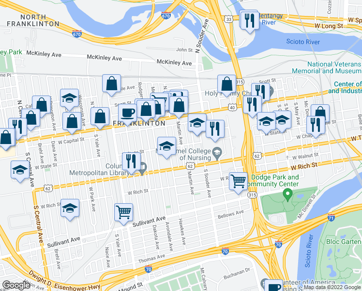 map of restaurants, bars, coffee shops, grocery stores, and more near West State Street & Martin Avenue in Columbus