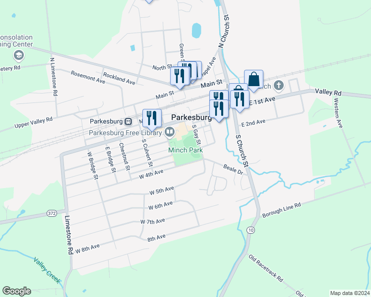 map of restaurants, bars, coffee shops, grocery stores, and more near 111 West Street in Parkesburg