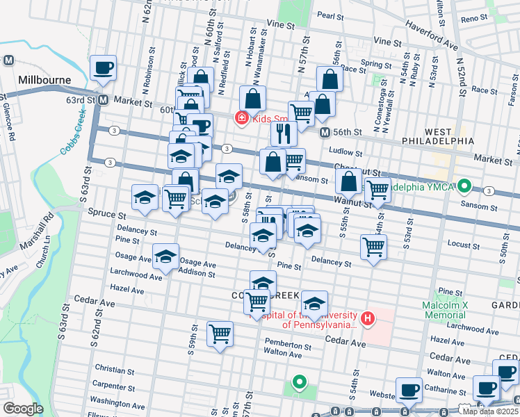 map of restaurants, bars, coffee shops, grocery stores, and more near 239 South Cecil Street in Philadelphia