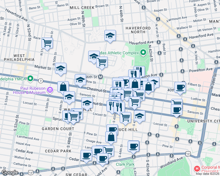 map of restaurants, bars, coffee shops, grocery stores, and more near 4519 Chestnut Street in Philadelphia