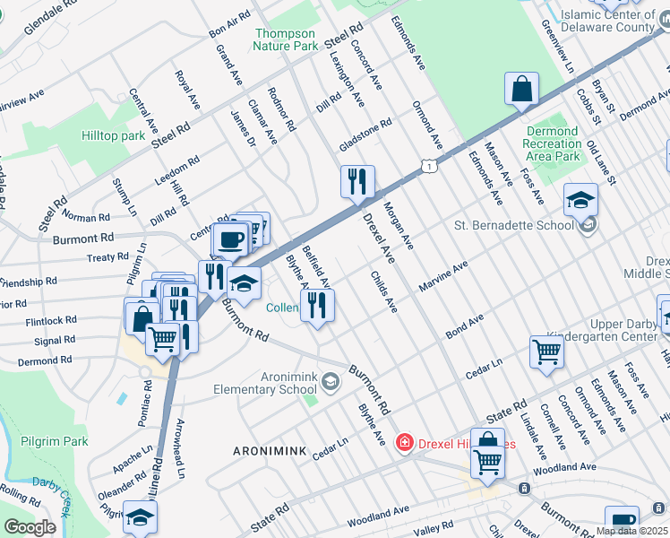 map of restaurants, bars, coffee shops, grocery stores, and more near 1204 Wilde Avenue in Drexel Hill