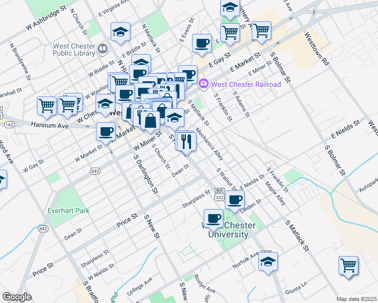map of restaurants, bars, coffee shops, grocery stores, and more near 312 South High Street in West Chester