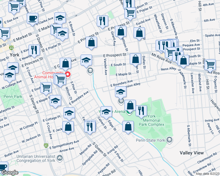 map of restaurants, bars, coffee shops, grocery stores, and more near 602 East Boundary Avenue in York
