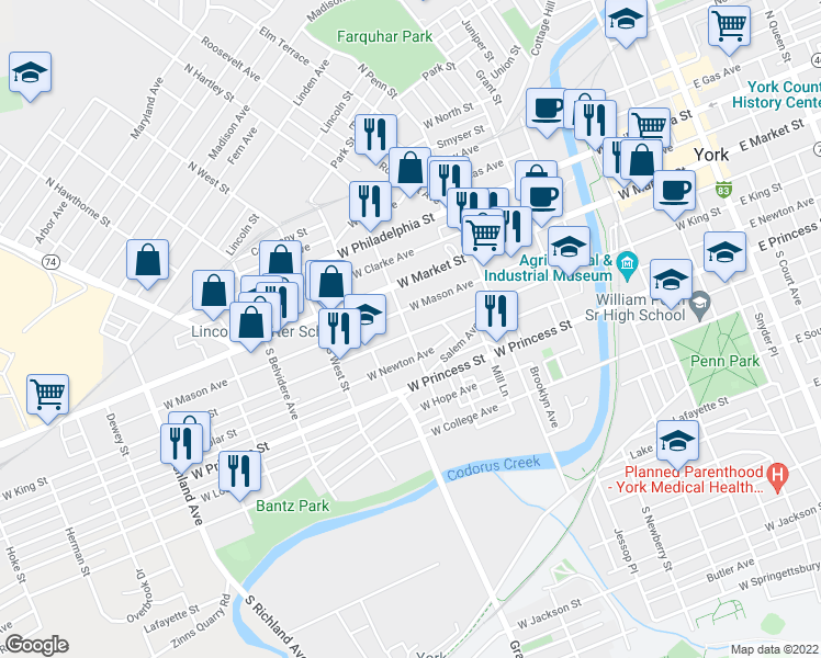 map of restaurants, bars, coffee shops, grocery stores, and more near 493 West King Street in York