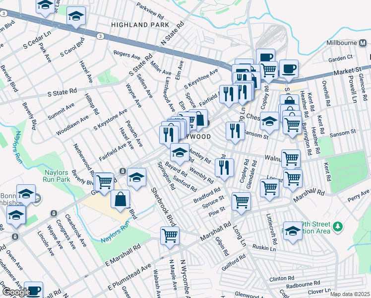 map of restaurants, bars, coffee shops, grocery stores, and more near 364 Huntley Road in Delaware County