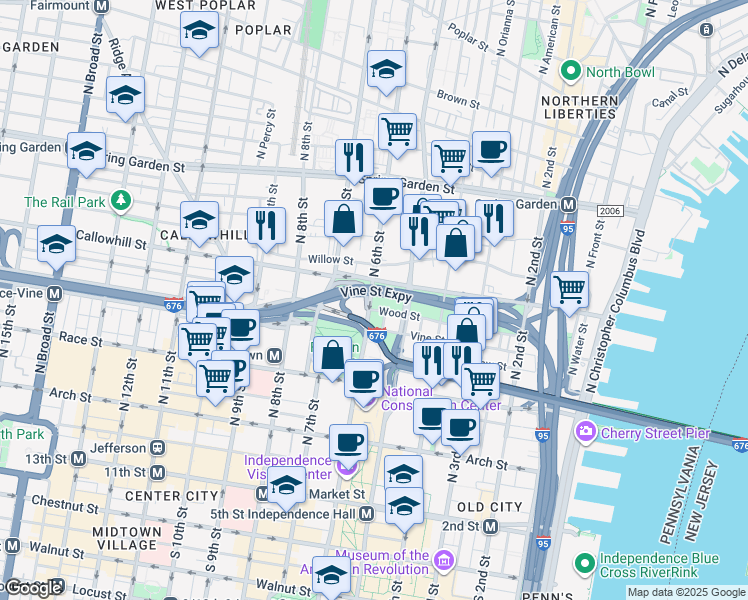 map of restaurants, bars, coffee shops, grocery stores, and more near 517 Wood Street in Philadelphia