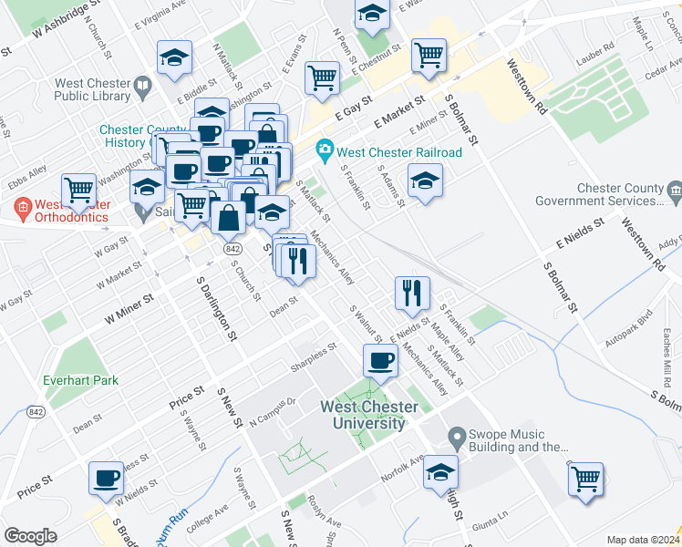 map of restaurants, bars, coffee shops, grocery stores, and more near 117 Magnolia Street in West Chester