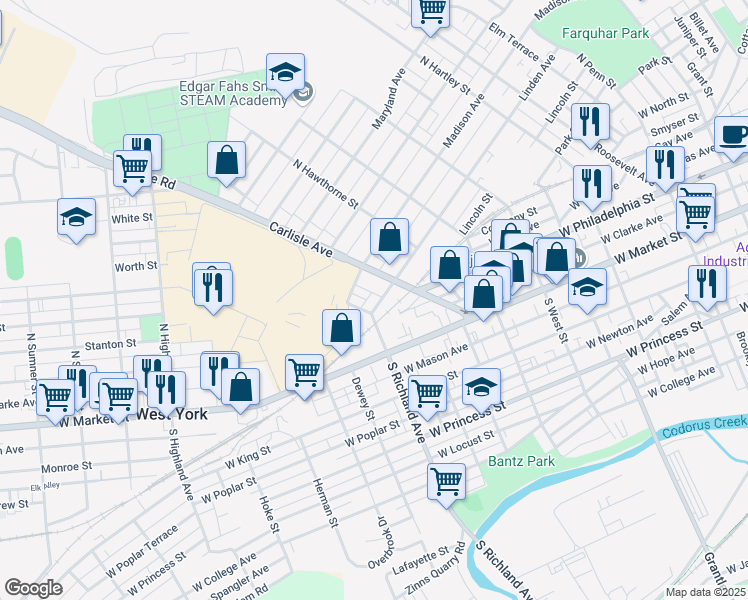 map of restaurants, bars, coffee shops, grocery stores, and more near 935 Linden Avenue in York