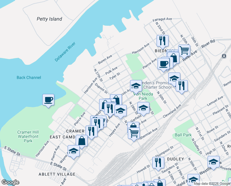 map of restaurants, bars, coffee shops, grocery stores, and more near 1058 North 27th Street in Camden