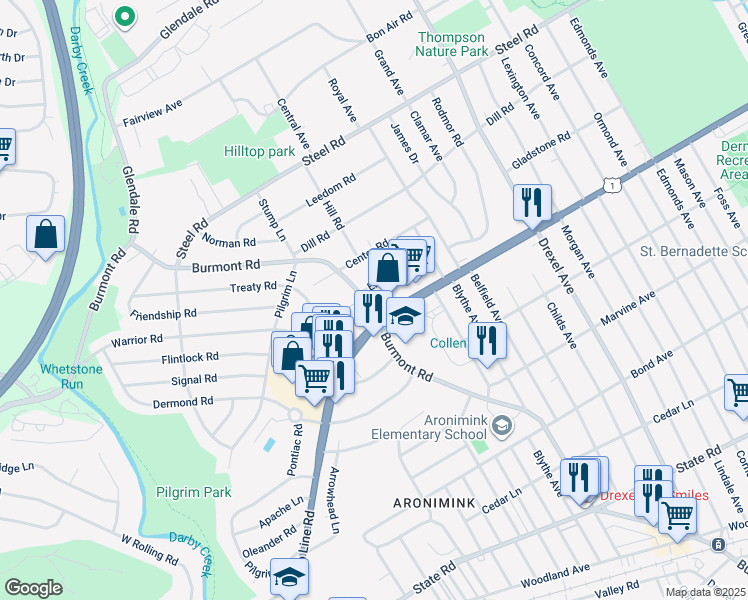 map of restaurants, bars, coffee shops, grocery stores, and more near 1324 Burmont Road in Havertown