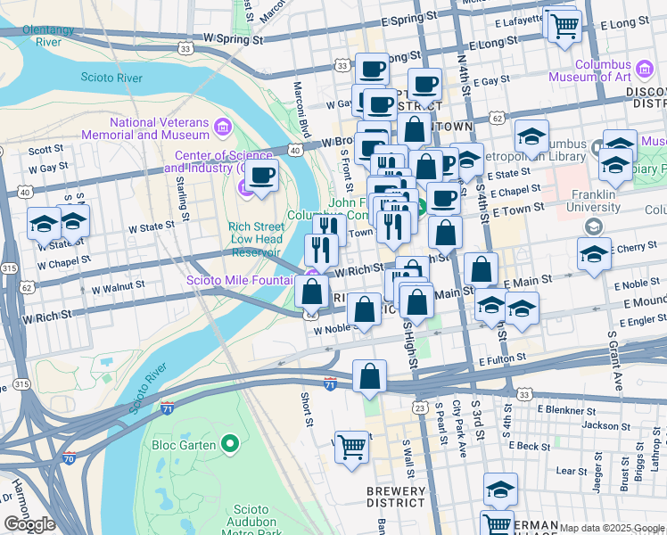 map of restaurants, bars, coffee shops, grocery stores, and more near 200 South Civic Center Drive in Columbus