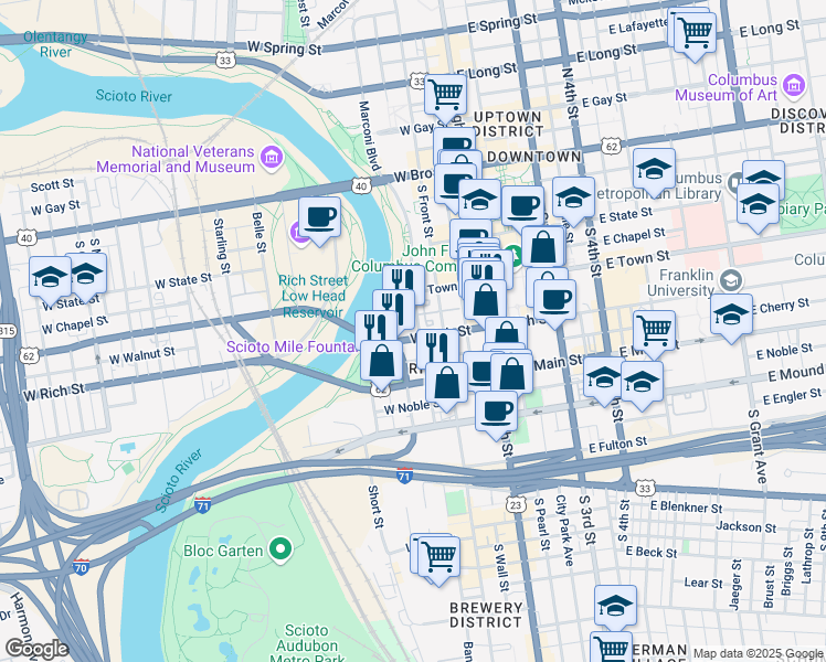 map of restaurants, bars, coffee shops, grocery stores, and more near 111 West Rich Street in Columbus
