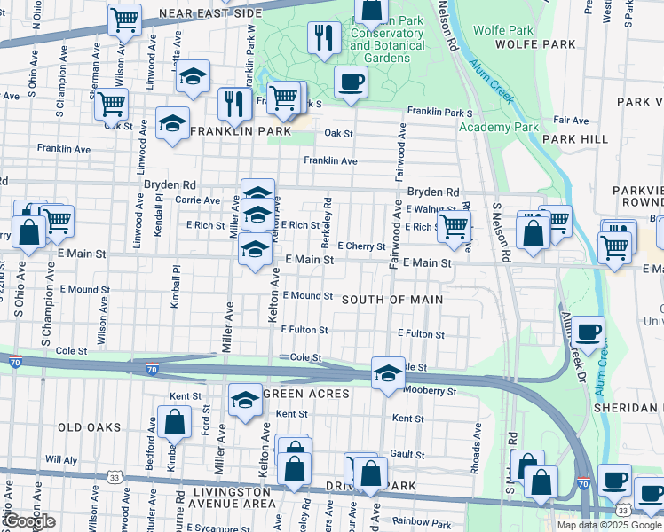 map of restaurants, bars, coffee shops, grocery stores, and more near 484 Berkeley Road in Columbus
