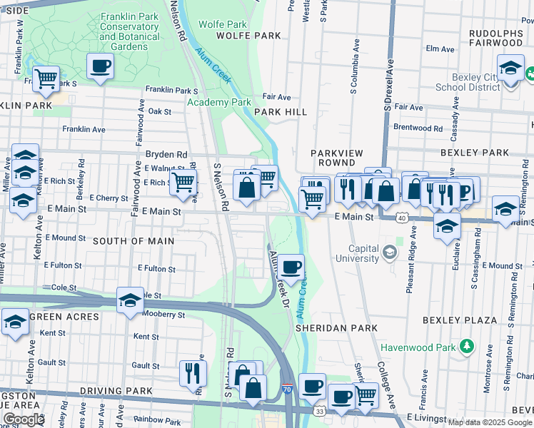 map of restaurants, bars, coffee shops, grocery stores, and more near E Main St & Alum Creek Dr in Columbus