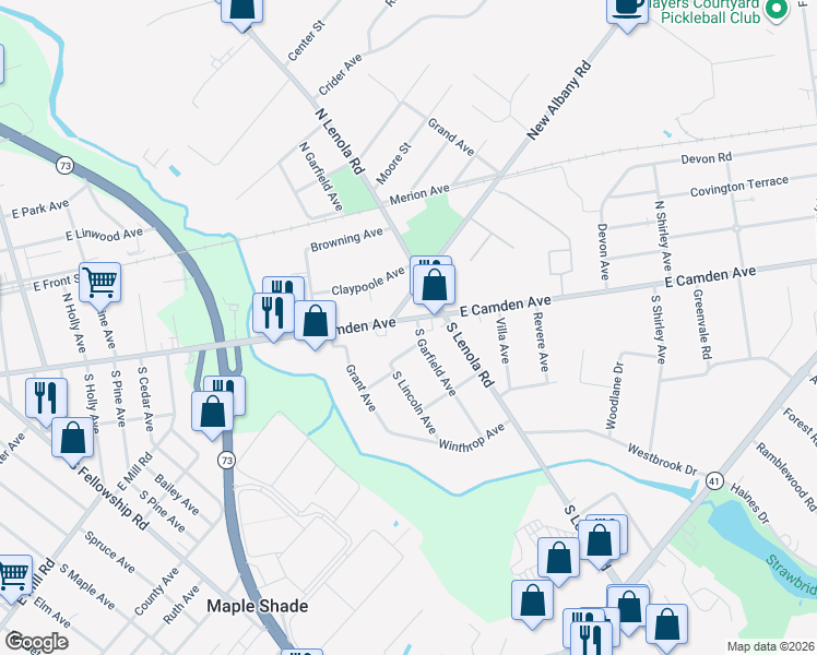 map of restaurants, bars, coffee shops, grocery stores, and more near 108 West Camden Avenue in Moorestown