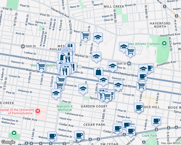 map of restaurants, bars, coffee shops, grocery stores, and more near 4949 Sansom Street in Philadelphia