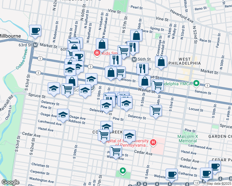 map of restaurants, bars, coffee shops, grocery stores, and more near 237 South 57th Street in Philadelphia