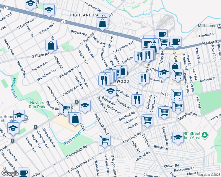 map of restaurants, bars, coffee shops, grocery stores, and more near 791 Shelbourne Road in Upper Darby