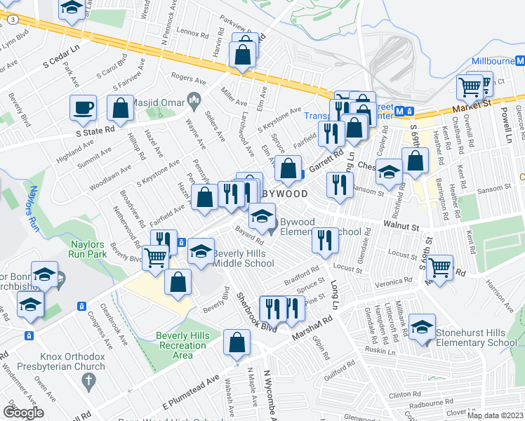 map of restaurants, bars, coffee shops, grocery stores, and more near 787 Shelbourne Road in Upper Darby