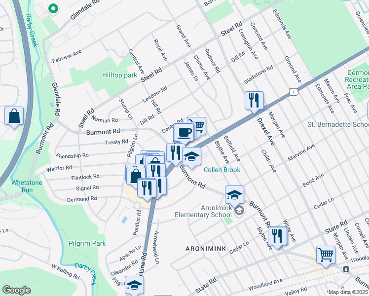 map of restaurants, bars, coffee shops, grocery stores, and more near in Drexel Hill