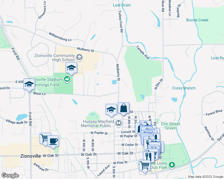 map of restaurants, bars, coffee shops, grocery stores, and more near 630 Bloor Lane in Zionsville