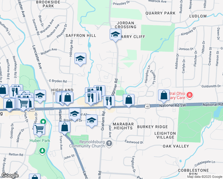 map of restaurants, bars, coffee shops, grocery stores, and more near 1345 South Waggoner Road in Reynoldsburg
