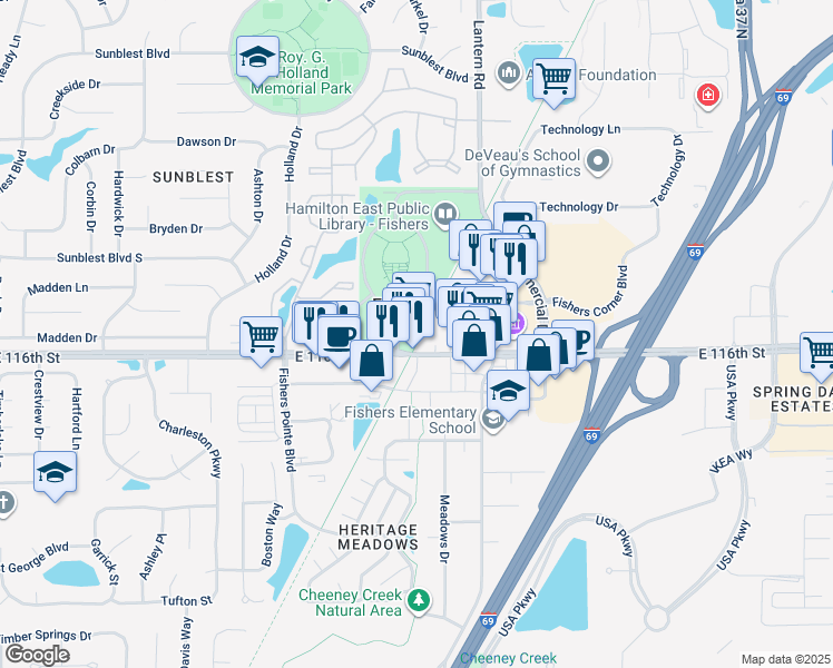 map of restaurants, bars, coffee shops, grocery stores, and more near 9 Municipal Drive in Fishers