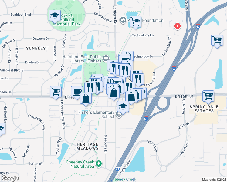 map of restaurants, bars, coffee shops, grocery stores, and more near 8760 East 116th Street in Fishers