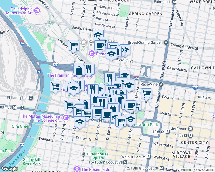 map of restaurants, bars, coffee shops, grocery stores, and more near 3 Logan Square in Philadelphia
