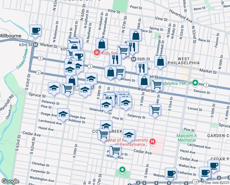 map of restaurants, bars, coffee shops, grocery stores, and more near 237 South 57th Street in Philadelphia