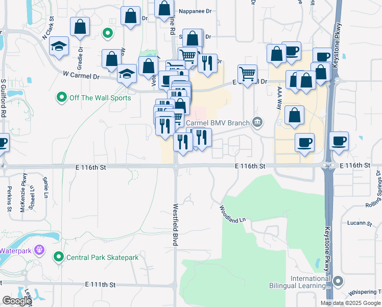 map of restaurants, bars, coffee shops, grocery stores, and more near 1732 East 116th Street in Carmel
