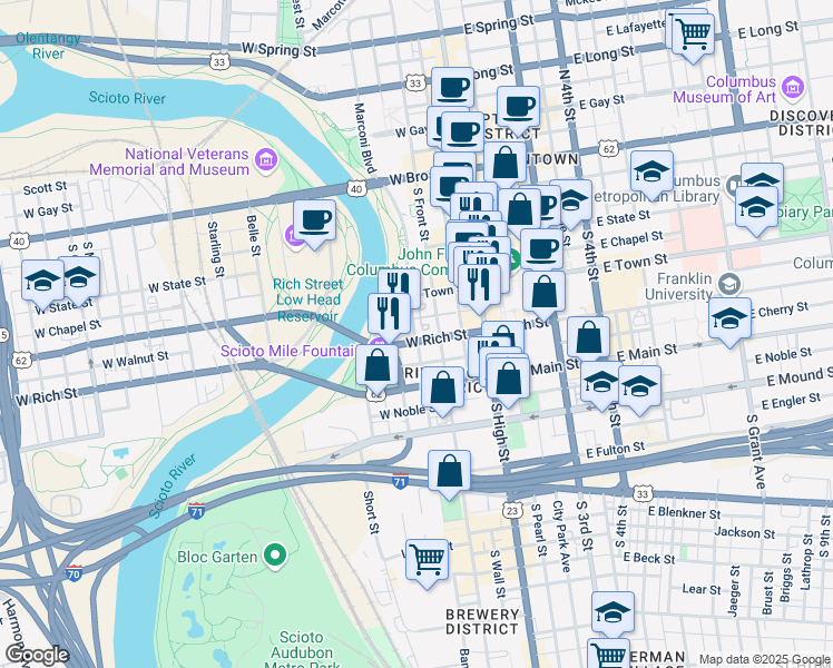 map of restaurants, bars, coffee shops, grocery stores, and more near 214 S Ludlow St in Columbus