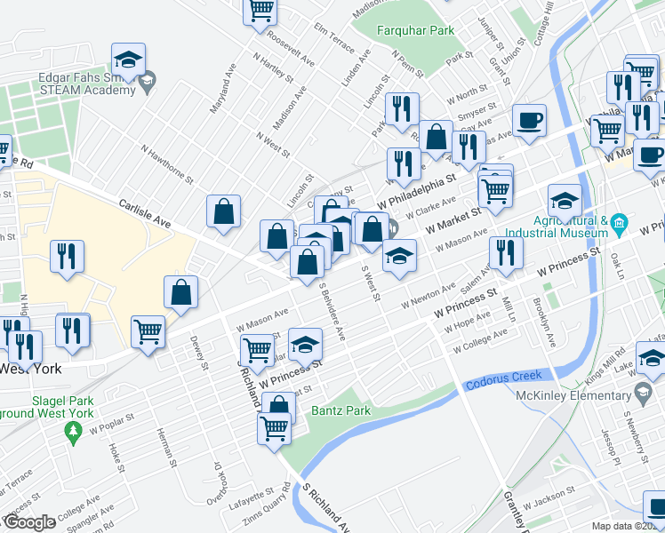 map of restaurants, bars, coffee shops, grocery stores, and more near 647 West Market Street in York