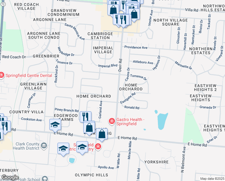 map of restaurants, bars, coffee shops, grocery stores, and more near 2615 Derr Road in Springfield
