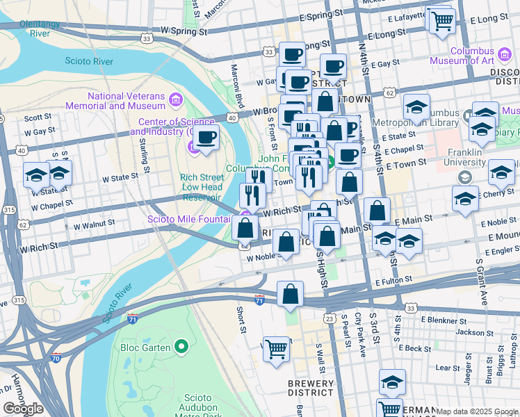 map of restaurants, bars, coffee shops, grocery stores, and more near 200 South Civic Center Drive in Columbus