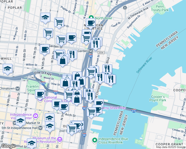 map of restaurants, bars, coffee shops, grocery stores, and more near 412 North Front Street in Philadelphia