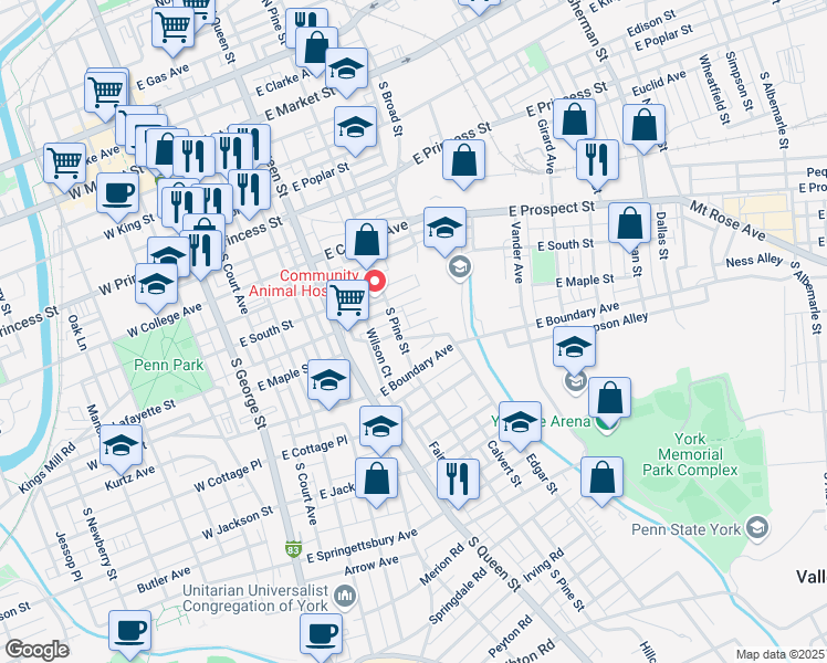 map of restaurants, bars, coffee shops, grocery stores, and more near 314 East Maple Street in York