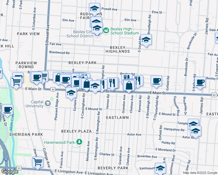 map of restaurants, bars, coffee shops, grocery stores, and more near 2600 East Main Street in Columbus