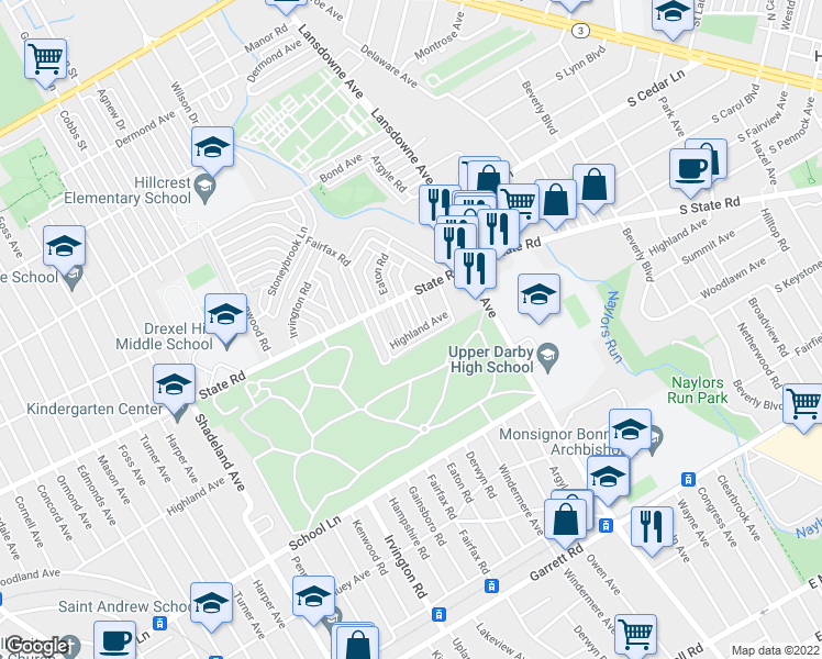 map of restaurants, bars, coffee shops, grocery stores, and more near 715 Eaton Road in Drexel Hill