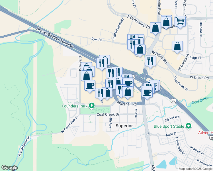 map of restaurants, bars, coffee shops, grocery stores, and more near 406 Center Drive in Superior