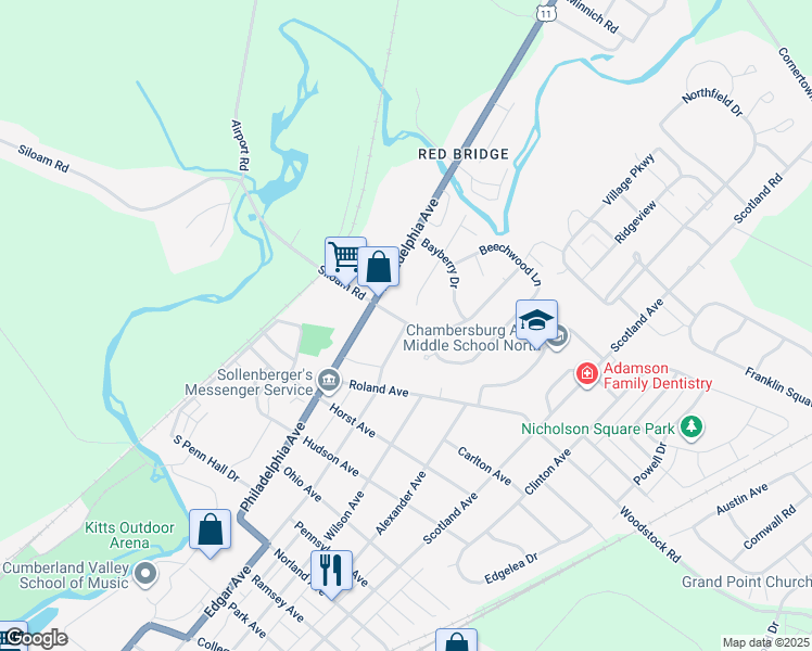 map of restaurants, bars, coffee shops, grocery stores, and more near 2070 Edgar Avenue in Chambersburg