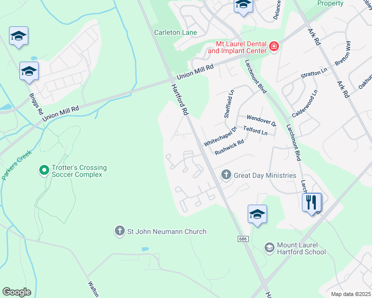 map of restaurants, bars, coffee shops, grocery stores, and more near 115A Arden Court in Mount Laurel Township