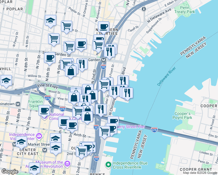 map of restaurants, bars, coffee shops, grocery stores, and more near 403 North Front Street in Philadelphia