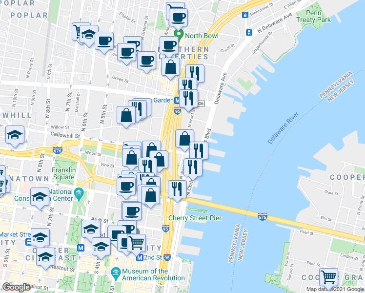 map of restaurants, bars, coffee shops, grocery stores, and more near 403 North Front Street in Philadelphia