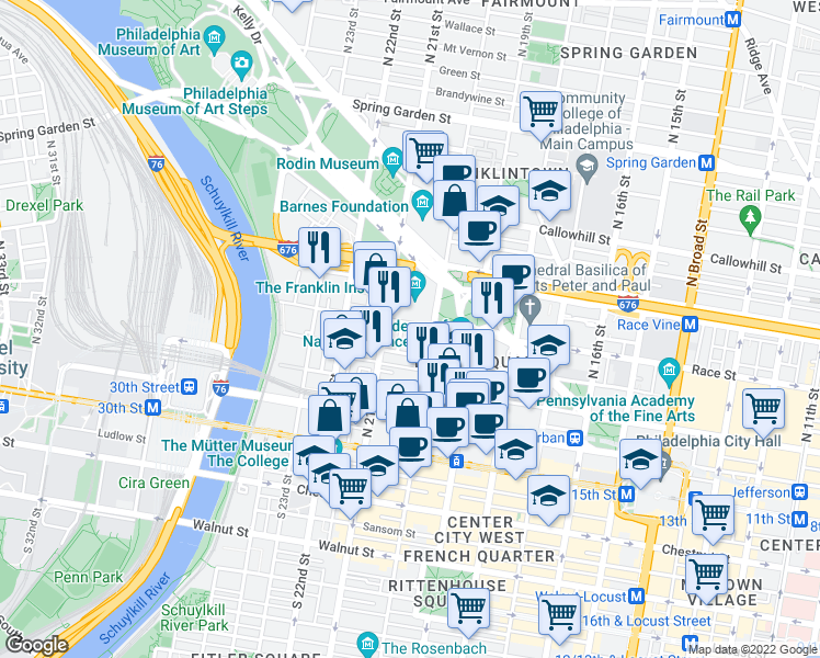 map of restaurants, bars, coffee shops, grocery stores, and more near in Philadelphia