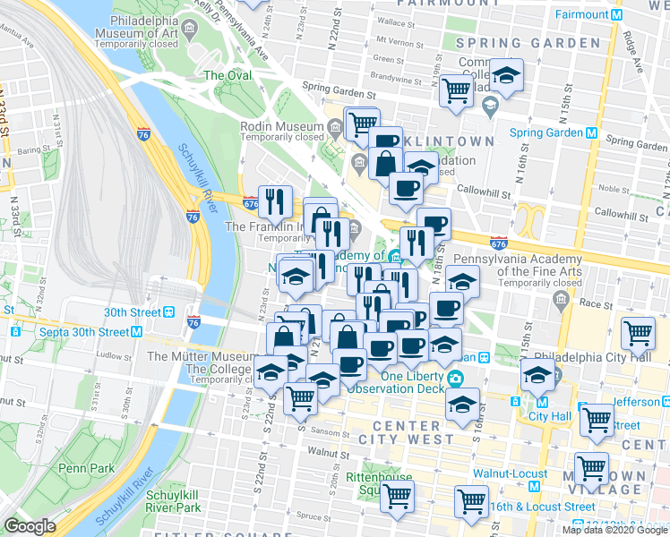 map of restaurants, bars, coffee shops, grocery stores, and more near in Philadelphia