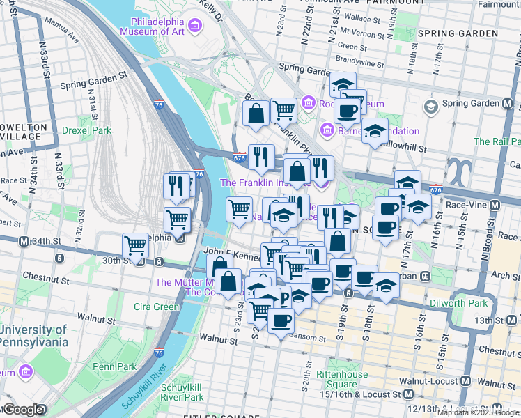 map of restaurants, bars, coffee shops, grocery stores, and more near 2300 Cherry Street in Philadelphia