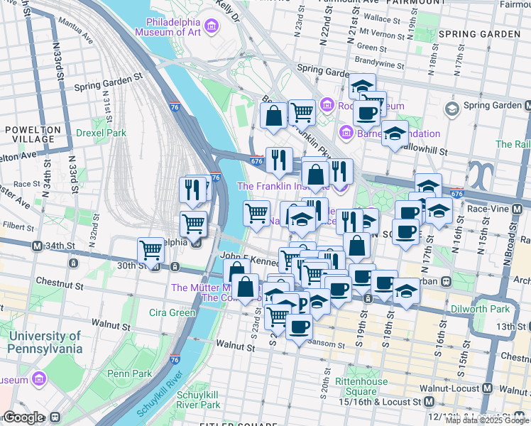 map of restaurants, bars, coffee shops, grocery stores, and more near 2300 Cherry Street in Philadelphia