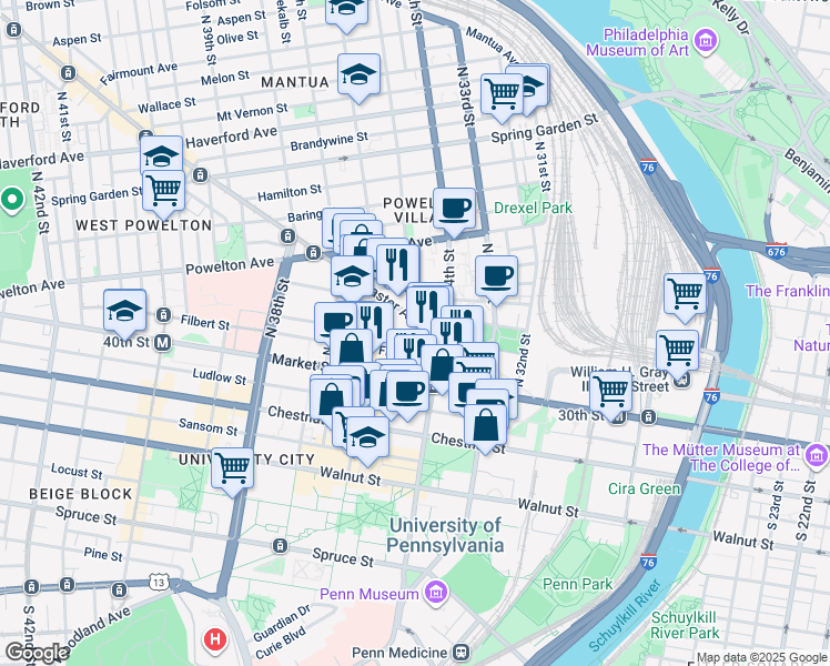 map of restaurants, bars, coffee shops, grocery stores, and more near 104 North Shedwick Street in Philadelphia