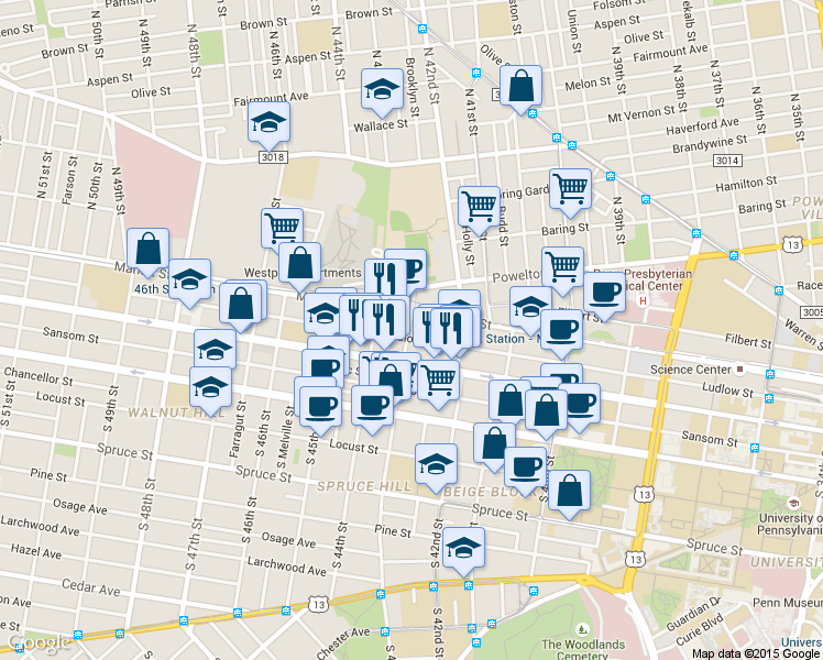 map of restaurants, bars, coffee shops, grocery stores, and more near 24 South 43rd Street in Philadelphia